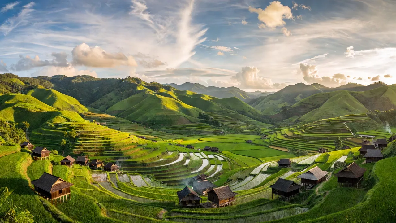 Cảnh quan thiên nhiên tỉnh Hòa Bình, đồi núi xanh tươi và bản làng truyền thống Việt Nam.