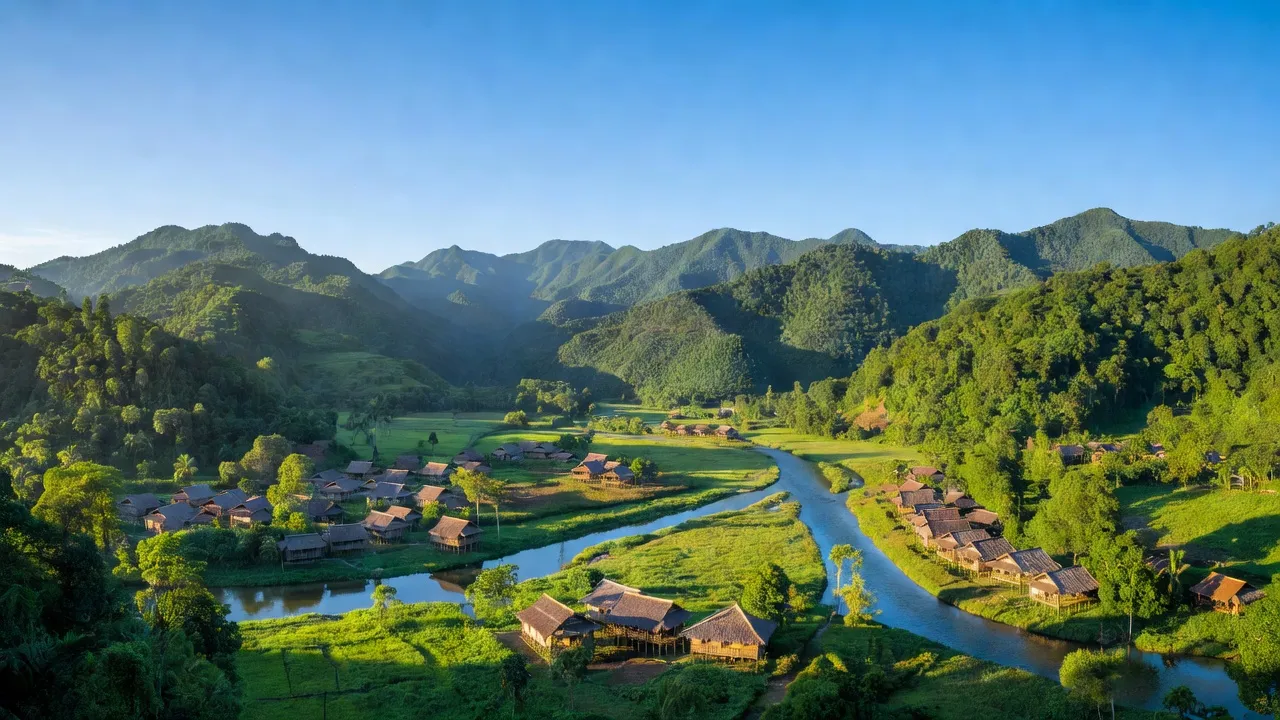 Khung cảnh Huyện A Lưới, Thành phố Huế với núi rừng xanh và dòng sông uốn khúc.