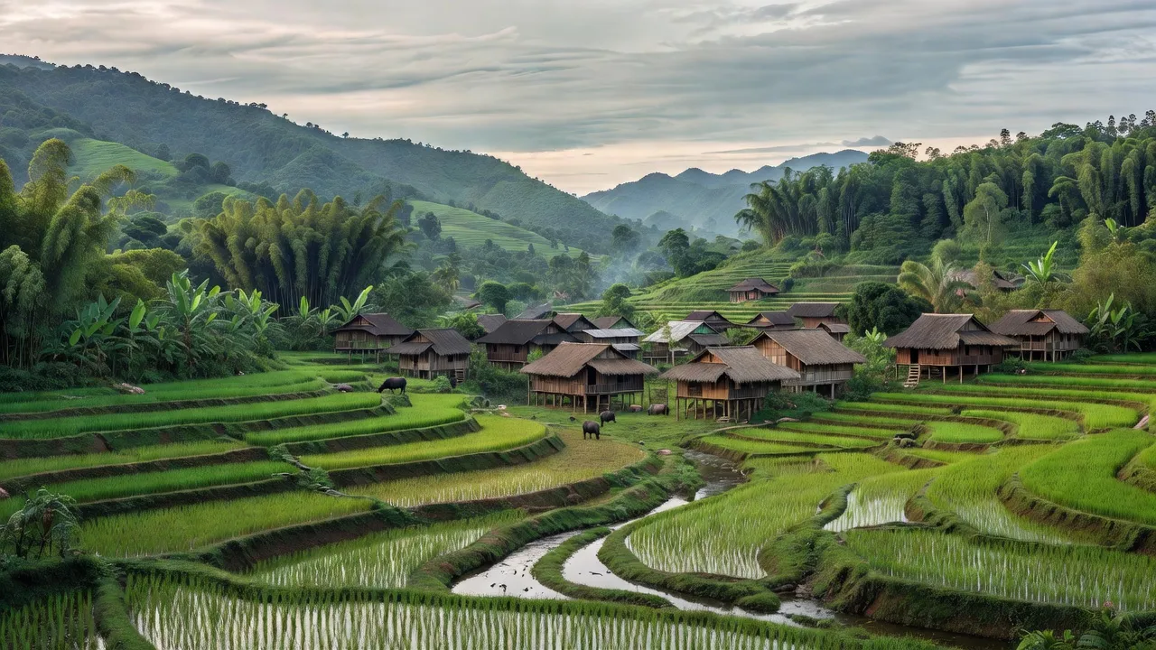 Cảnh sắc xã A Ngo, huyện A Lưới, thành phố Huế với núi xanh và nhà gỗ truyền thống.