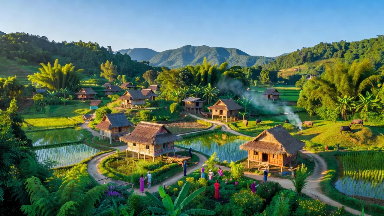 Khung cảnh làng A Roàng, huyện A Lưới, thành phố Huế với núi non xanh tươi và kiến trúc truyền thống.