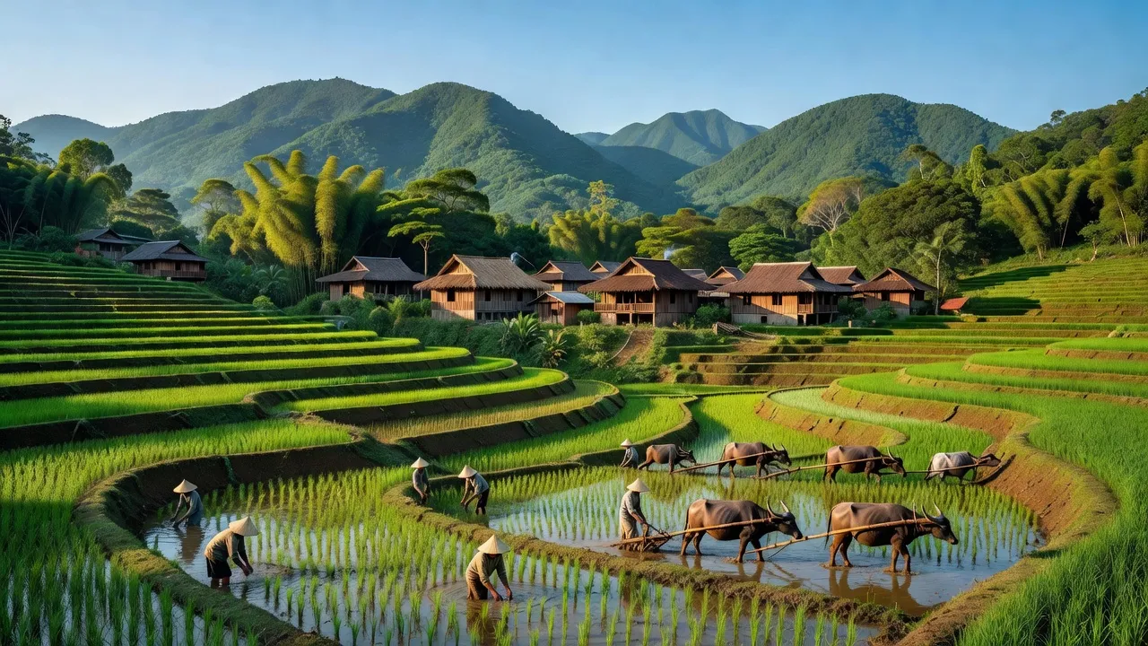 Khung cảnh đẹp xã Đông Sơn, huyện A Lưới, núi xanh, nhà gỗ truyền thống, ruộng bậc thang.
