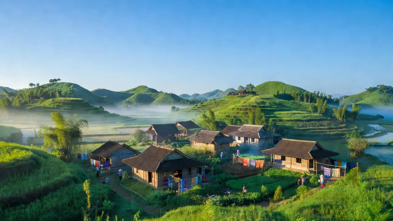 Khung cảnh yên bình xã Đông Sơn, huyện A Lưới, thành phố Huế với đồi xanh và nhà truyền thống.
