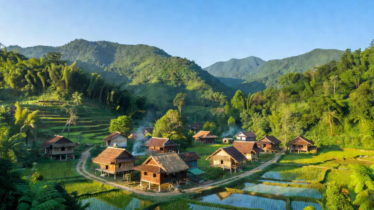 Cảnh đẹp xã Hồng Bắc A Lưới, nhà truyền thống và núi xanh yên bình, Huế.