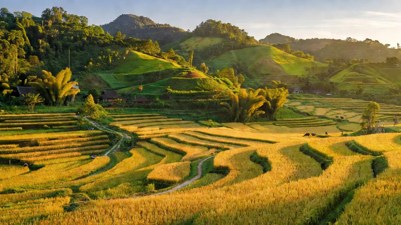 Cảnh quan xã Hồng Bắc huyện A Lưới, Huế với cánh đồng lúa và đồi núi xanh tươi.