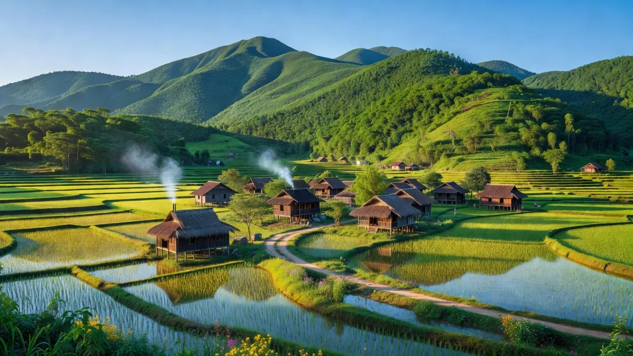 Cảnh quan xã Hồng Hạ, huyện A Lưới với núi xanh, nhà truyền thống và bầu trời trong xanh.
