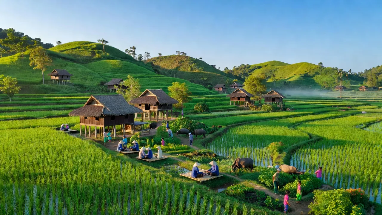 Khung cảnh bình yên tại xã Hồng Kim, huyện A Lưới, thành phố Huế với đồi núi và nhà sàn.