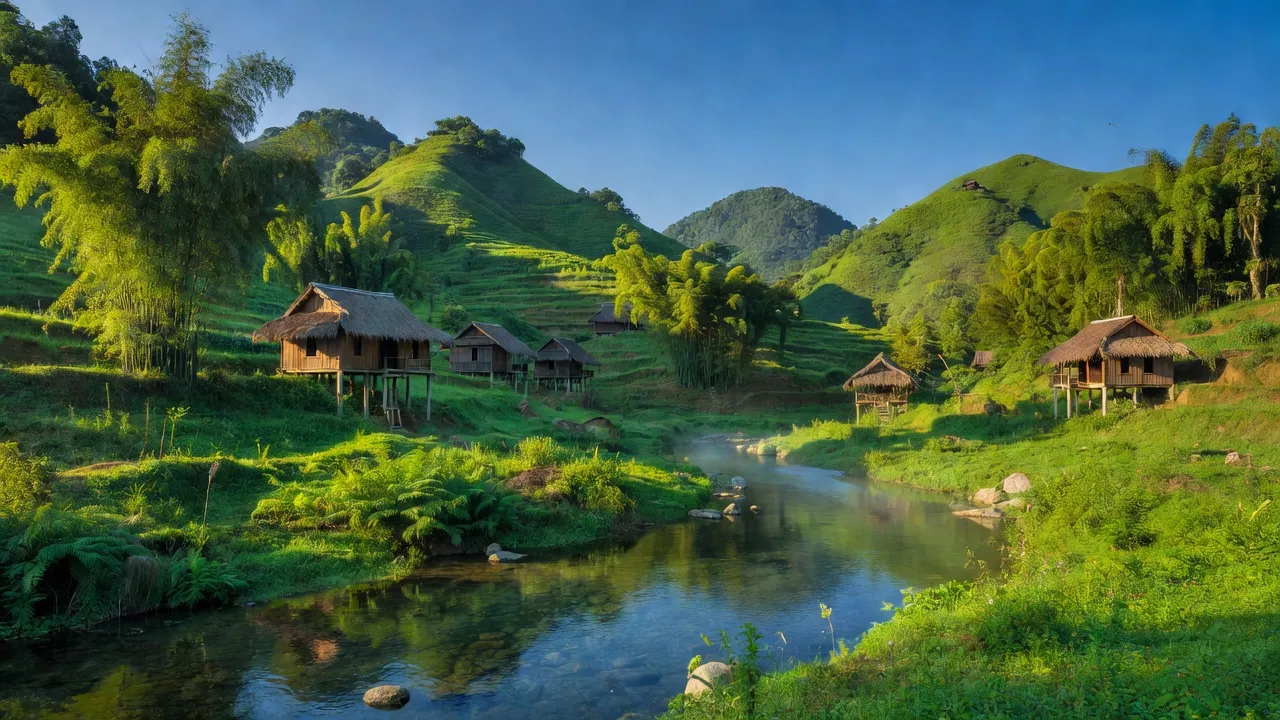 Cảnh đẹp xã Hồng Thái, huyện A Lưới, thành phố Huế với núi non và nhà truyền thống.