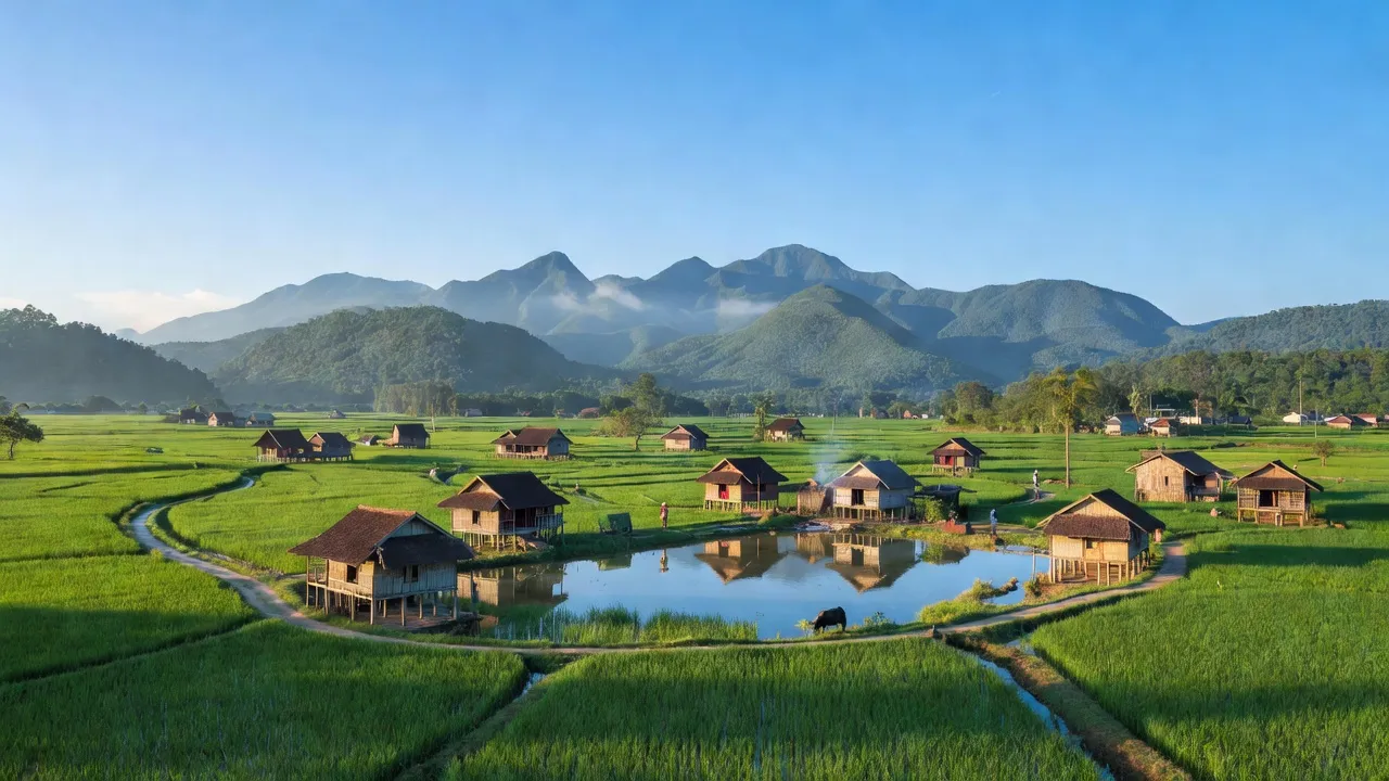 Cảnh sắc xã Hồng Thái, huyện A Lưới, thành phố Huế với thiên nhiên xanh tươi và nhà truyền thống.