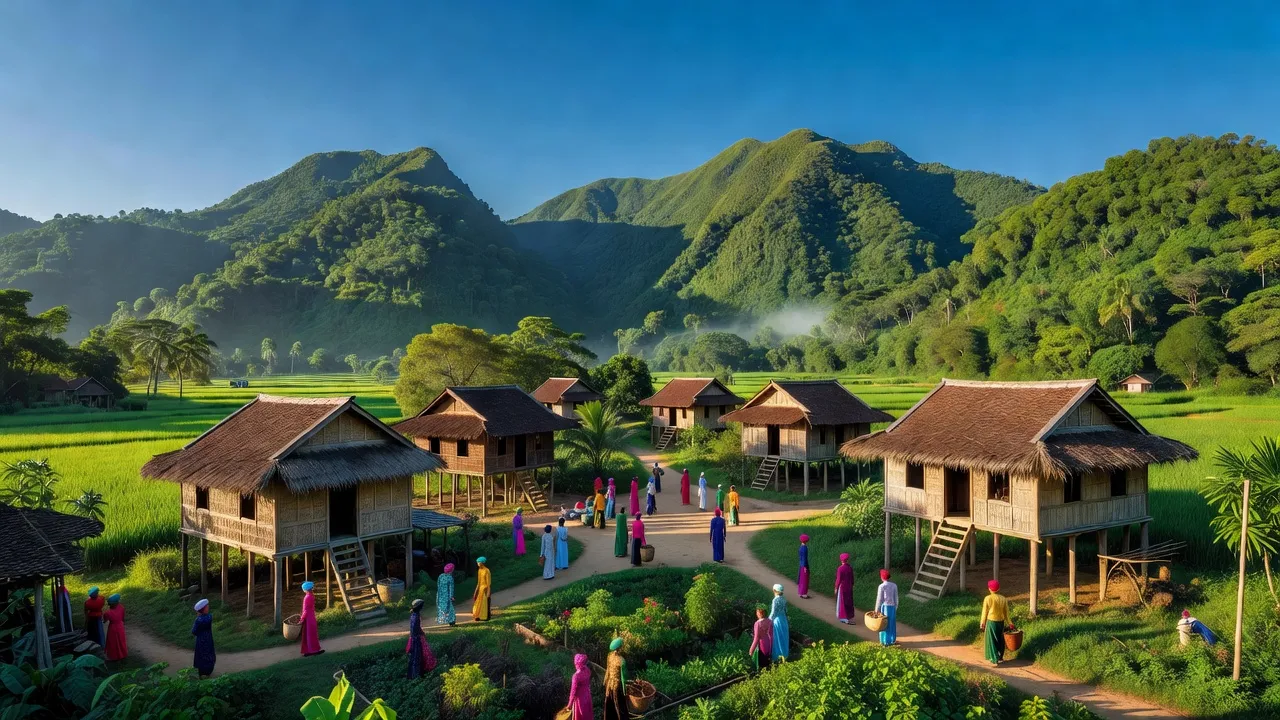 Khung cảnh đẹp của xã Hồng Thượng, A Lưới, Huế với núi rừng xanh tươi và nhà sàn truyền thống.