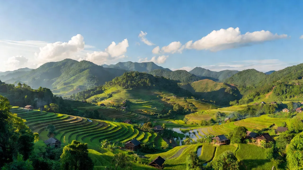 Khung cảnh thiên nhiên xã Hồng Thủy, huyện A Lưới, thành phố Huế với núi non và ruộng bậc thang.
