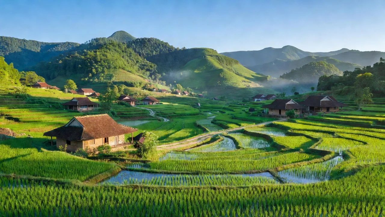 Một cảnh quan xanh tươi của xã Hồng Thủy, A Lưới, thuộc Huế với núi và ruộng bậc thang.