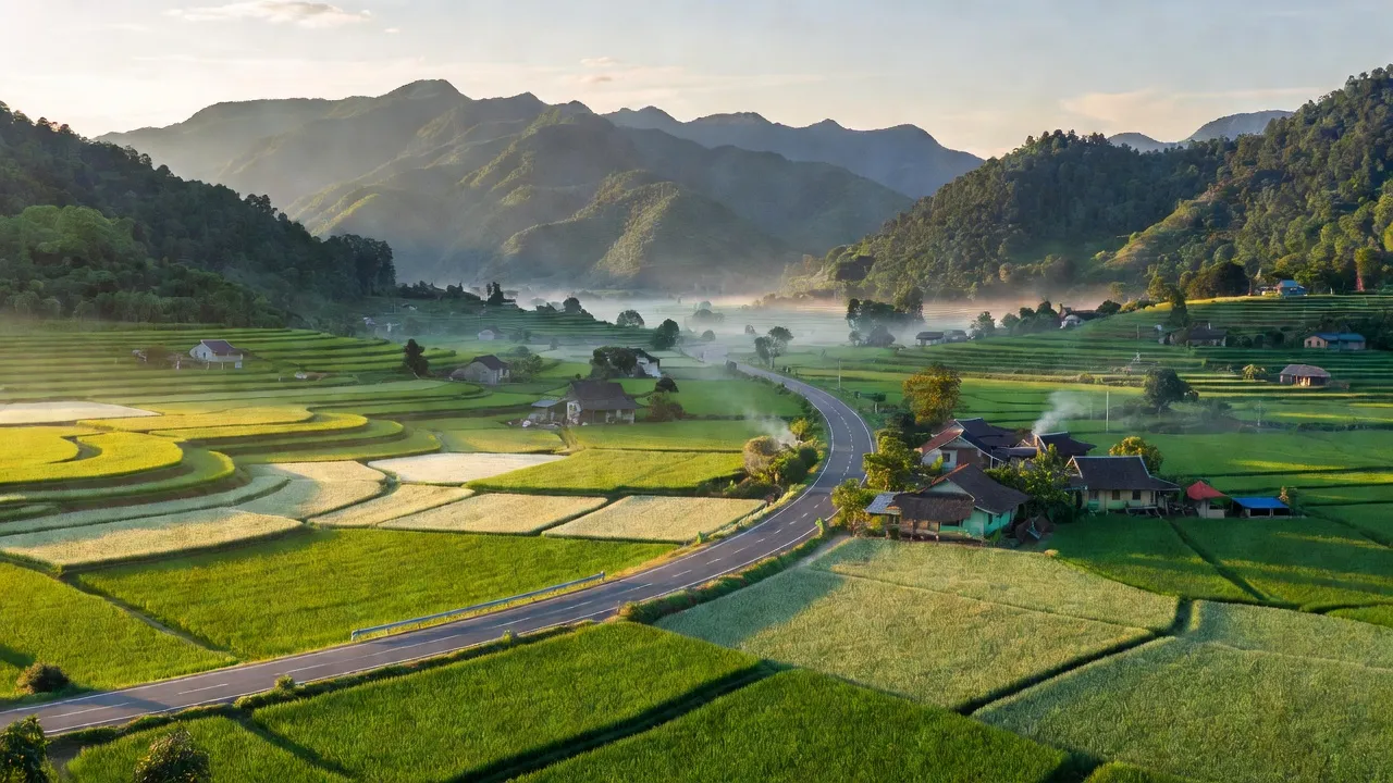 Cảnh quan xã Hồng Vân, huyện A Lưới, dọc trục đường Hồ Chí Minh, thể hiện vẻ đẹp thiên nhiên.