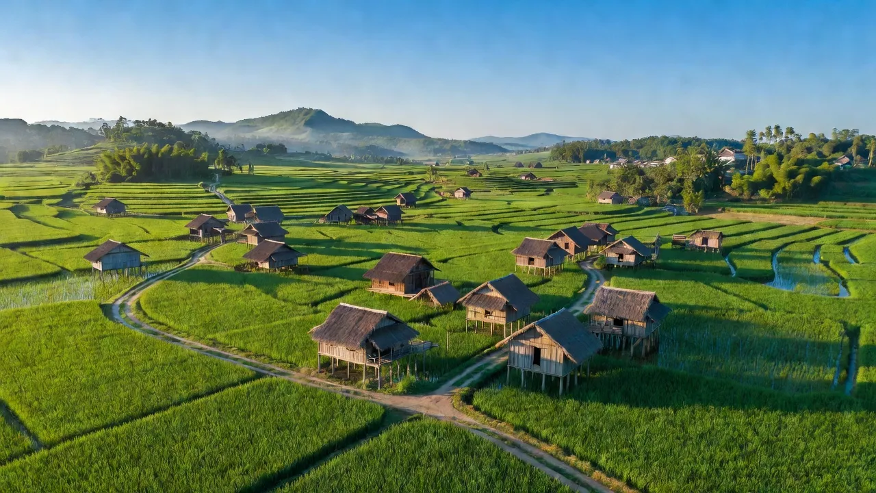 Khung cảnh tuyệt đẹp của xã Hương Phong, huyện A Lưới, cây cối xanh tươi và nhà truyền thống.