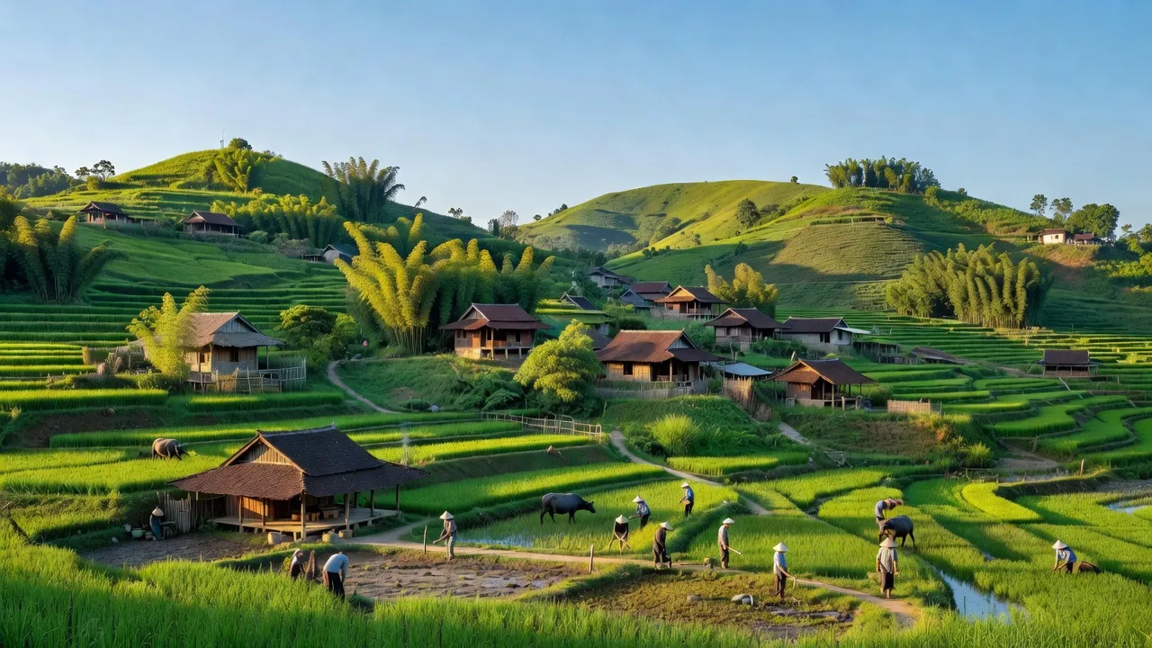 Cảnh đẹp xã Lâm Đớt, huyện A Lưới, thành phố Huế với đồi núi xanh tươi và nhà truyền thống.