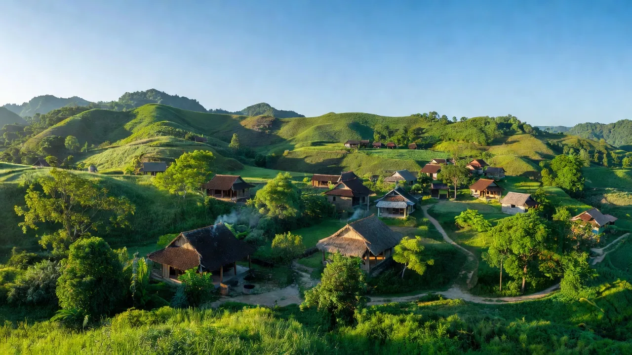 Khung cảnh xã Lâm Đớt, huyện A Lưới, thành phố Huế với đồi núi tuyệt đẹp và nhà truyền thống.