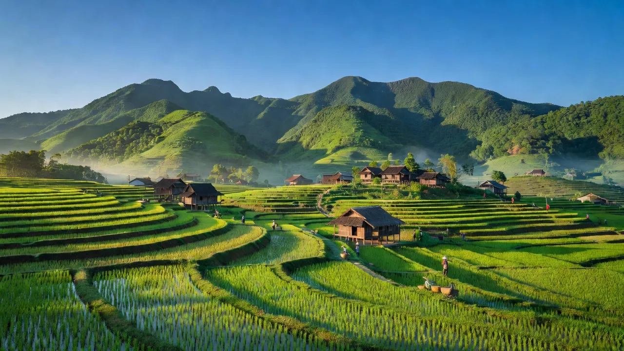 Khung cảnh yên bình xã Phú Vinh, huyện A Lưới, thành phố Huế với núi xanh và đồng ruộng.