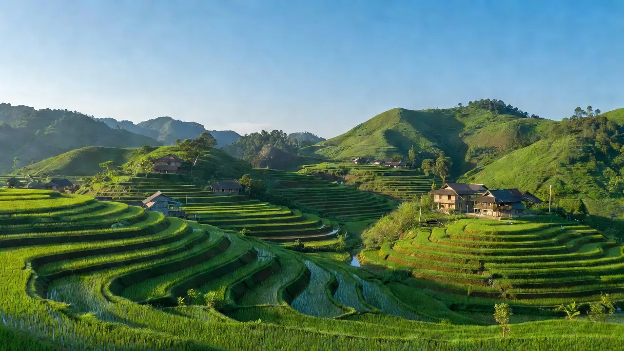 Xã Phú Vinh, huyện A Lưới, Huế với những ngọn đồi, ruộng bậc thang và nhà dân tộc.