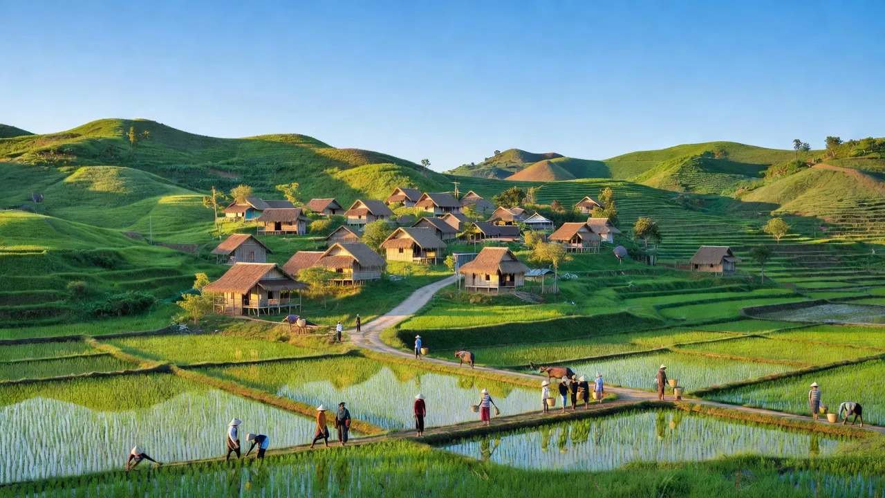 Cảnh đẹp xã Quảng Nhâm huyện A Lưới, thành phố Huế với nhà sàn và ruộng bậc thang.