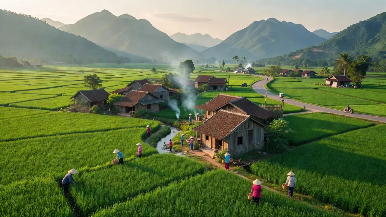 Cảnh quan xã Quảng Nhâm, huyện A Lưới, thành phố Huế với ruộng đồng và núi non bao quanh.