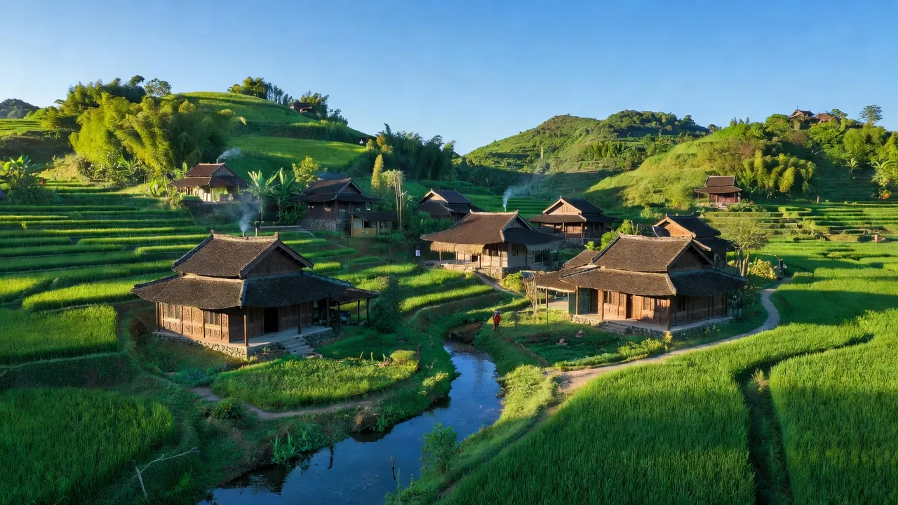 Cảnh đẹp xã Sơn Thủy, huyện A Lưới, thành phố Huế với đồi xanh và nhà truyền thống.