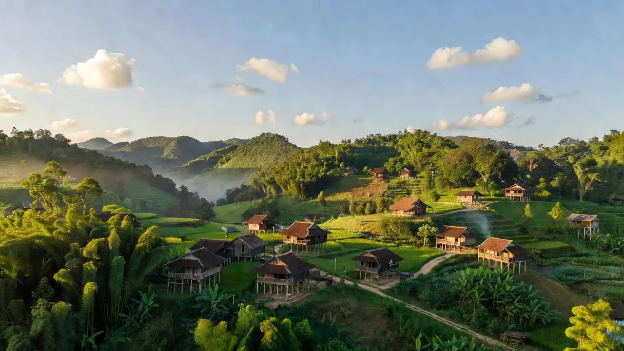 Khung cảnh xã Trung Sơn, huyện A Lưới, thành phố Huế với núi xanh và nhà truyền thống.
