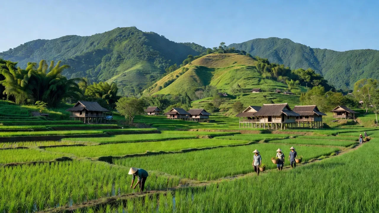 Phong cảnh yên bình xã Trung Sơn, huyện A Lưới, thành phố Huế với núi xanh và cuộc sống nông thôn.