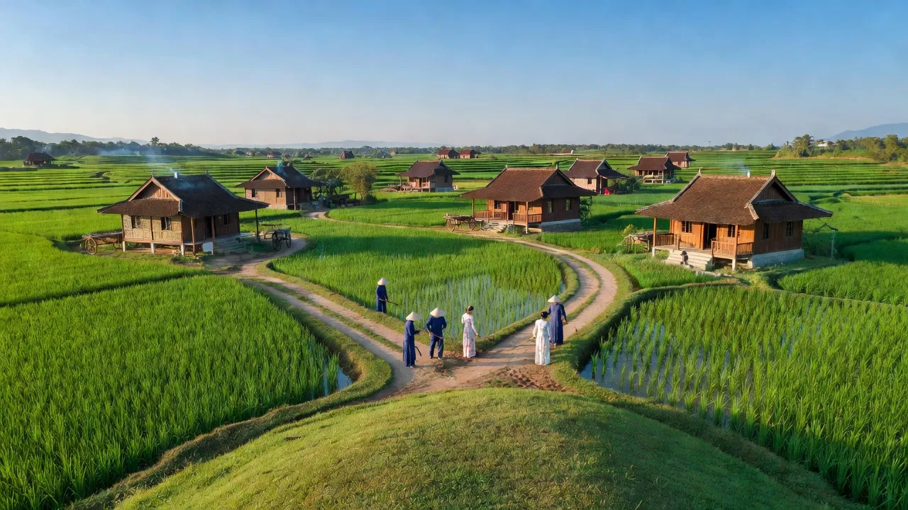 Cảnh đẹp xã Phú Sơn, Thị xã Hương Thủy, thành phố Huế với cánh đồng xanh và nhà truyền thống.