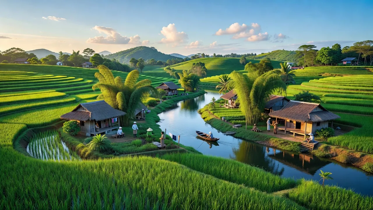 Khung cảnh Phú Sơn, Thị xã Hương Thủy, thành phố Huế với cánh đồng xanh và nhà truyền thống.