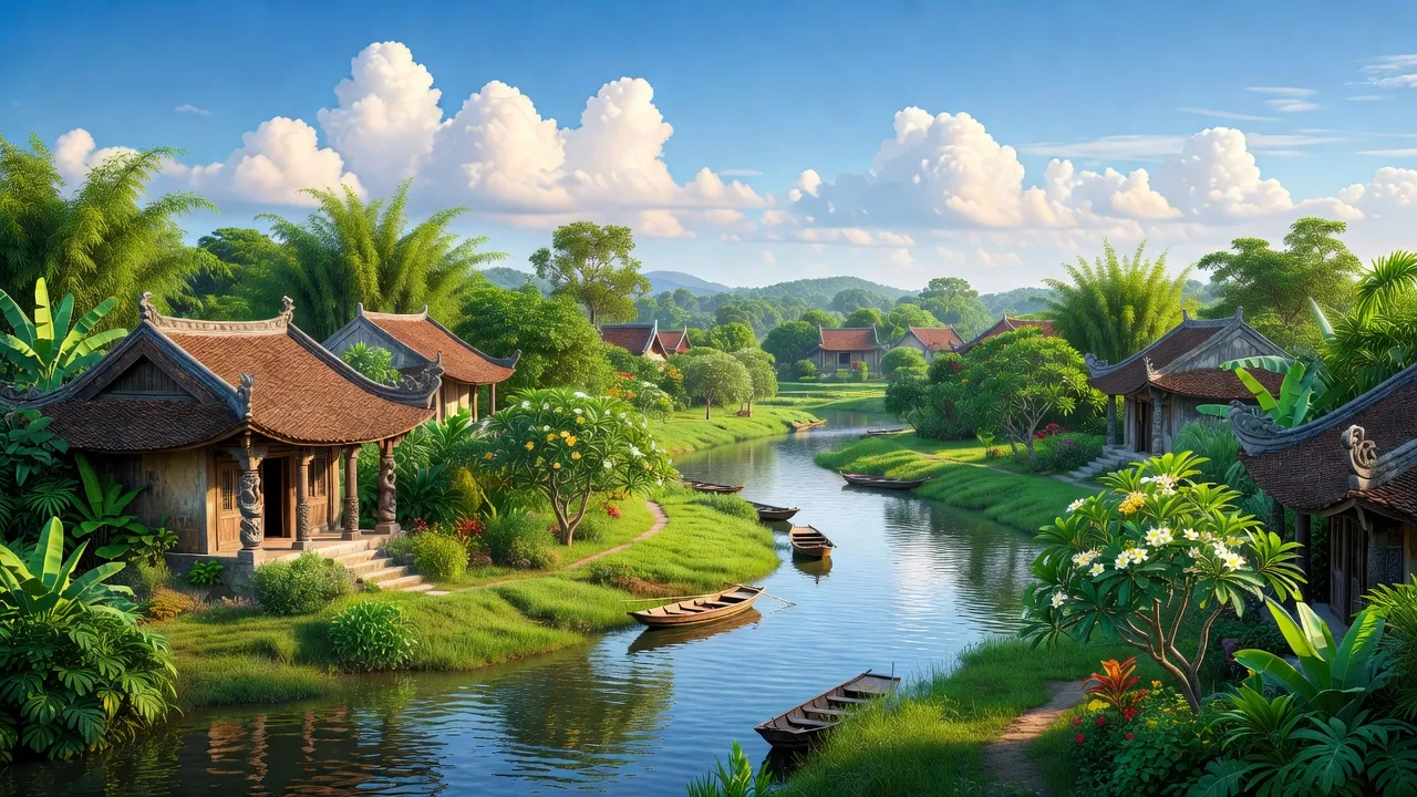 Khung cảnh đẹp của Phường Thủy Châu, Hương Thủy, Huế với nhà truyền thống và sông xanh.