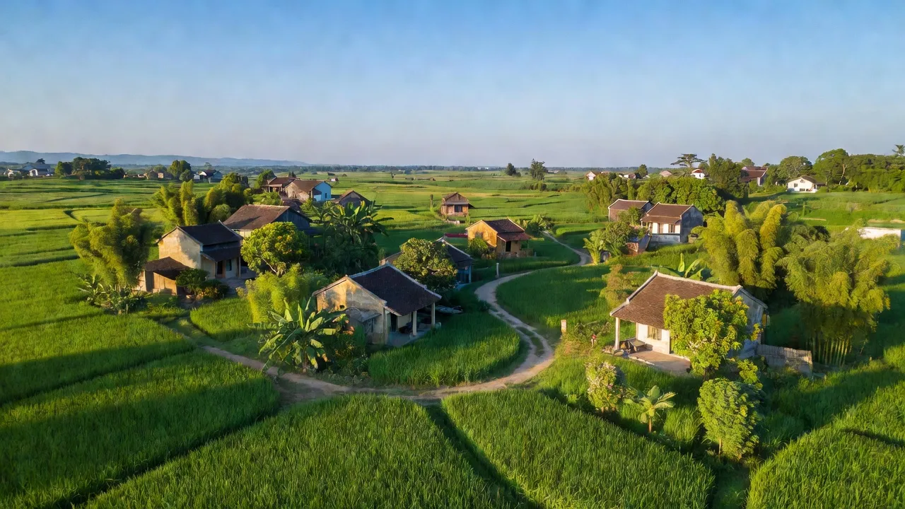 Khung cảnh tuyệt đẹp của Phường Thủy Châu, thị xã Hương Thủy với cánh đồng xanh mướt và nhà cửa.