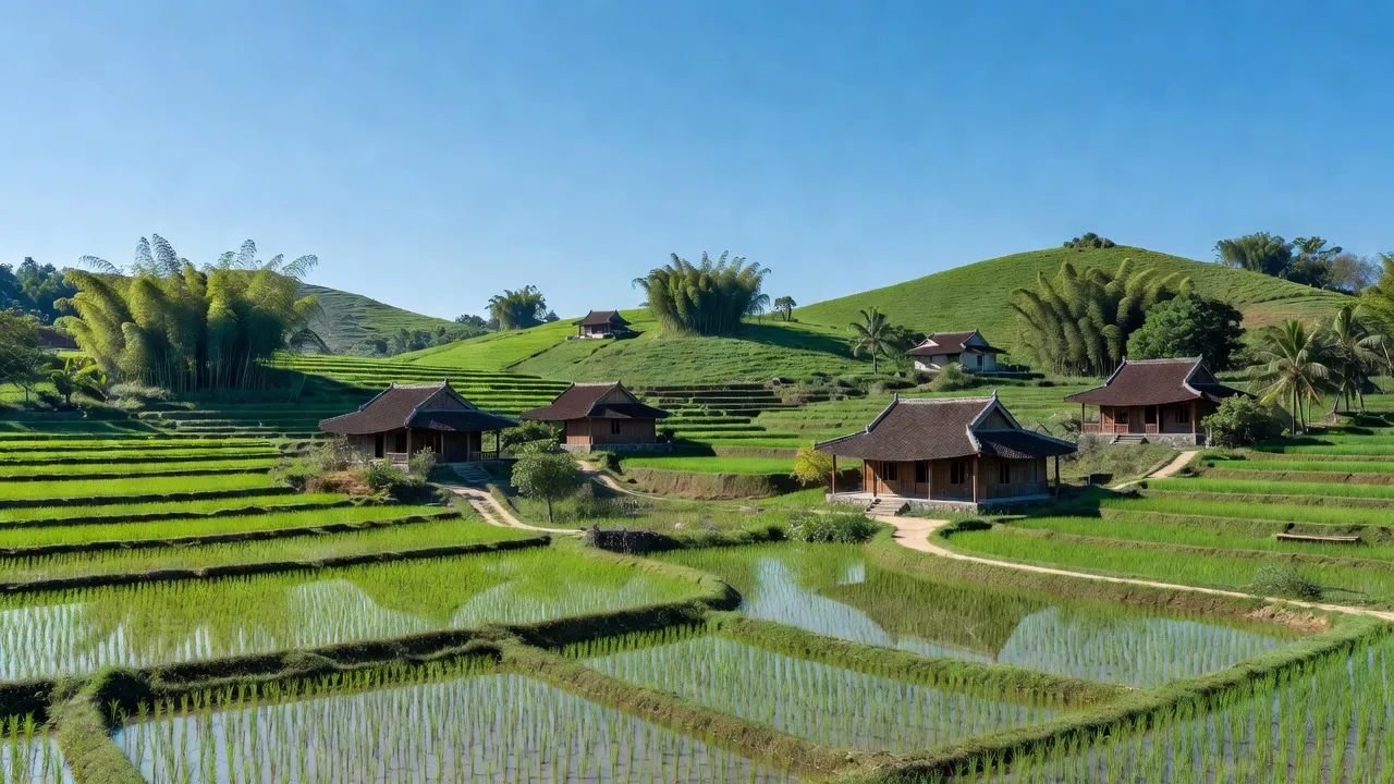 Cảnh quan bình yên tại phường Thủy Lương, Thị xã Hương Thủy, TP. Huế, với nhà truyền thống và đồng lúa.