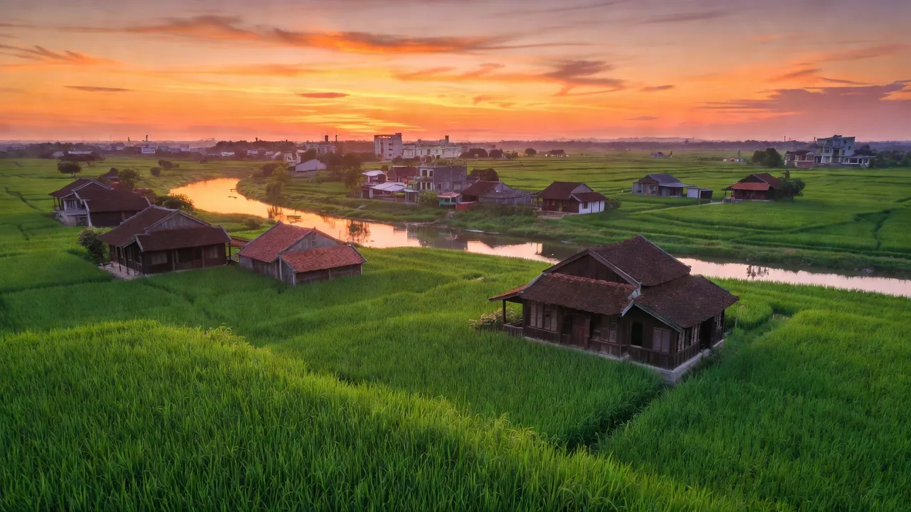 Khung cảnh Xã Thủy Phù, Hương Thủy, Huế với nhà truyền thống và cánh đồng xanh tươi.
