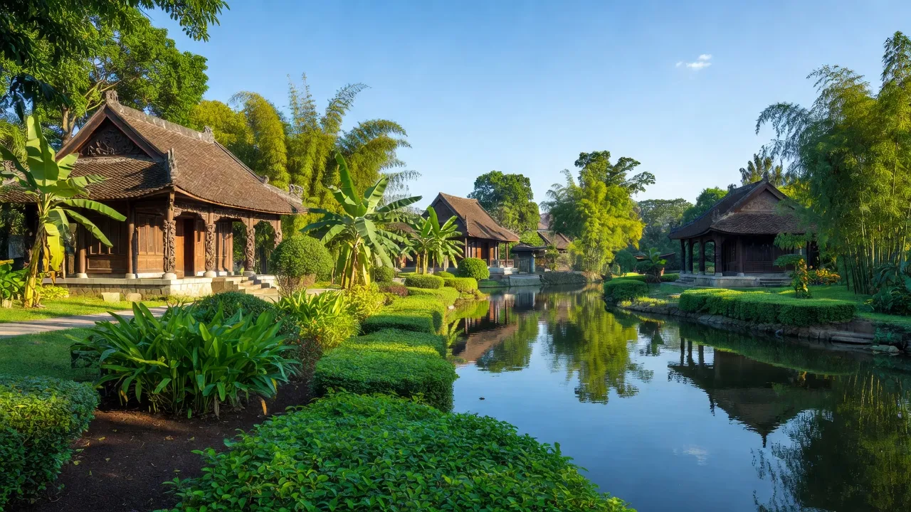 Khung cảnh yên bình ở Phường Thủy Phương, Thị xã Hương Thủy, Thành phố Huế với kiến trúc truyền thống.