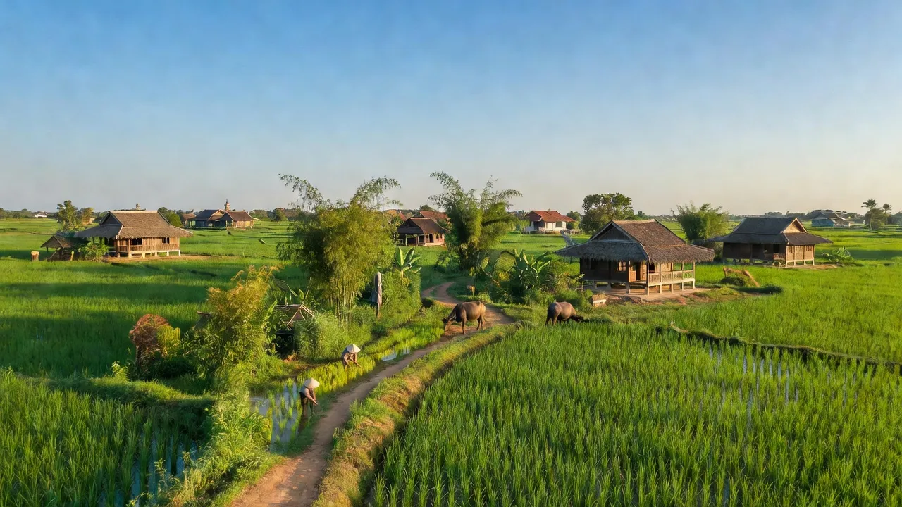 Quang cảnh Xã Thủy Tân, Thị xã Hương Thủy với đồng xanh và nhà truyền thống Việt Nam.