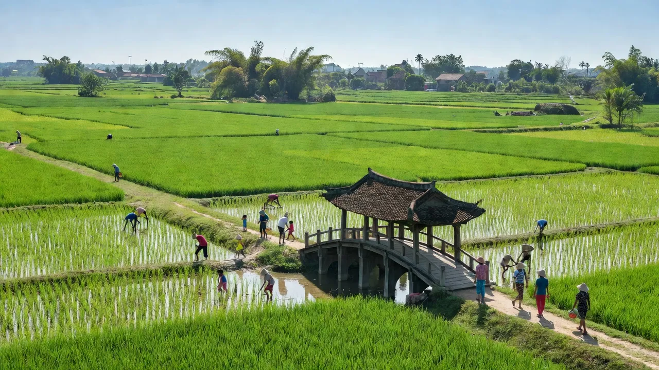 Khung cảnh xã Thủy Thanh, Thị xã Hương Thủy, với cầu ngói Thanh Toàn giữa cánh đồng xanh.