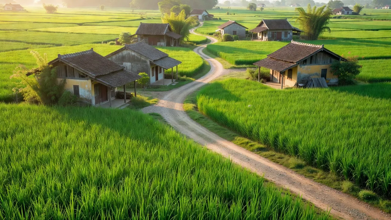 Cảnh quan xanh tươi xã Bình Thành, Hương Trà, Huế với cánh đồng và nhà cửa truyền thống.