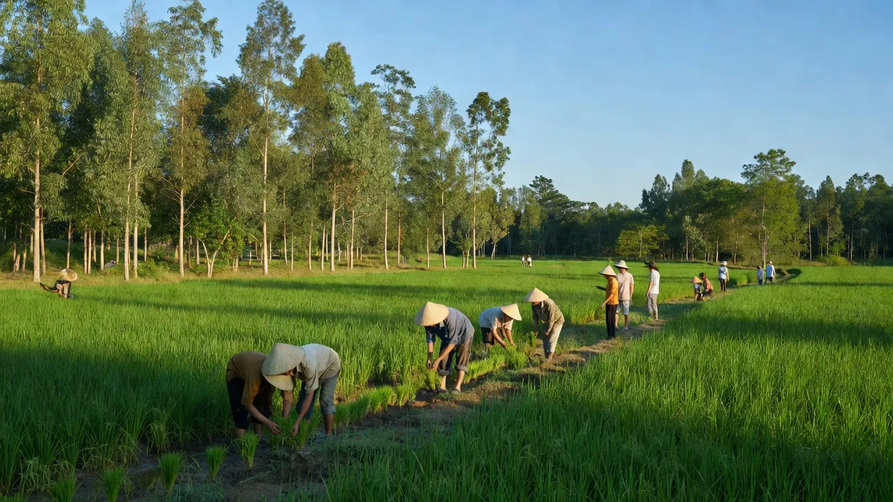 Cảnh thiên nhiên tươi đẹp xã Bình Thành, Hương Trà, cánh đồng xanh và bầu trời trong xanh.
