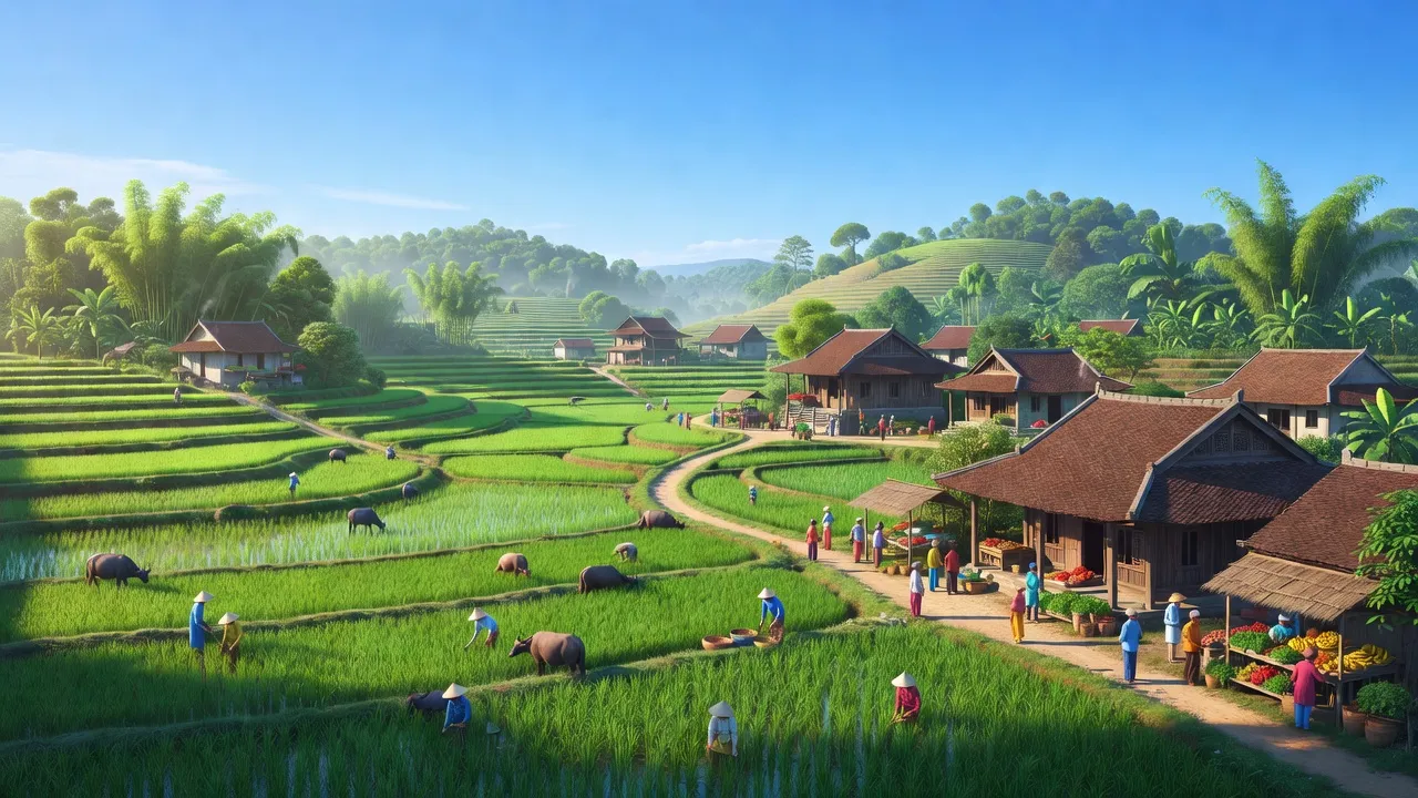 Bình Tiến xã Hương Trà with lush greenery, traditional houses, and vibrant local markets in Huế.
