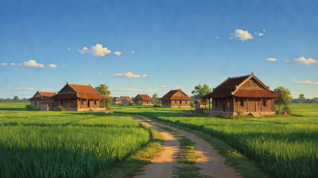 Cảnh đẹp xã Bình Tiến, Hương Trà, Huế với cánh đồng xanh và nhà truyền thống Việt Nam.