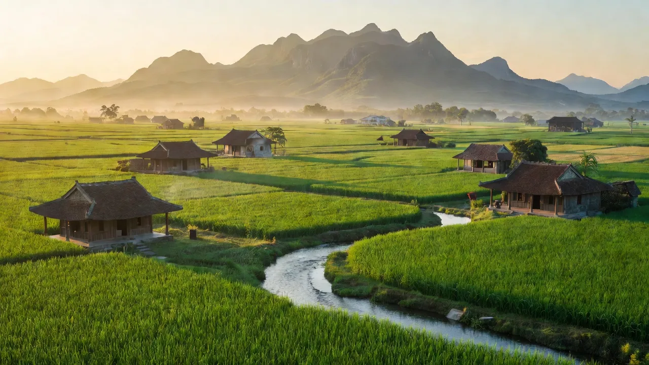 Cảnh đẹp xã Hương Bình, Thị xã Hương Trà, Thành phố Huế với cánh đồng và núi non.