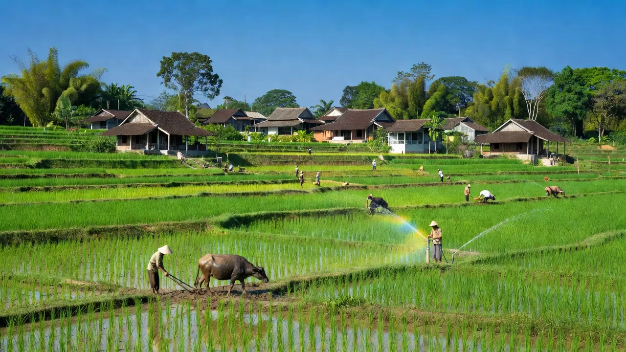 Landschaft von xã Hương Bình, Hương Trà, Huế với ruộng xanh và nhà truyền thống Việt Nam.