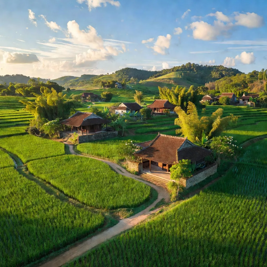 Khung cảnh đẹp tại xã Hương Toàn, Thị xã Hương Trà, với đồng lúa và nhà truyền thống.