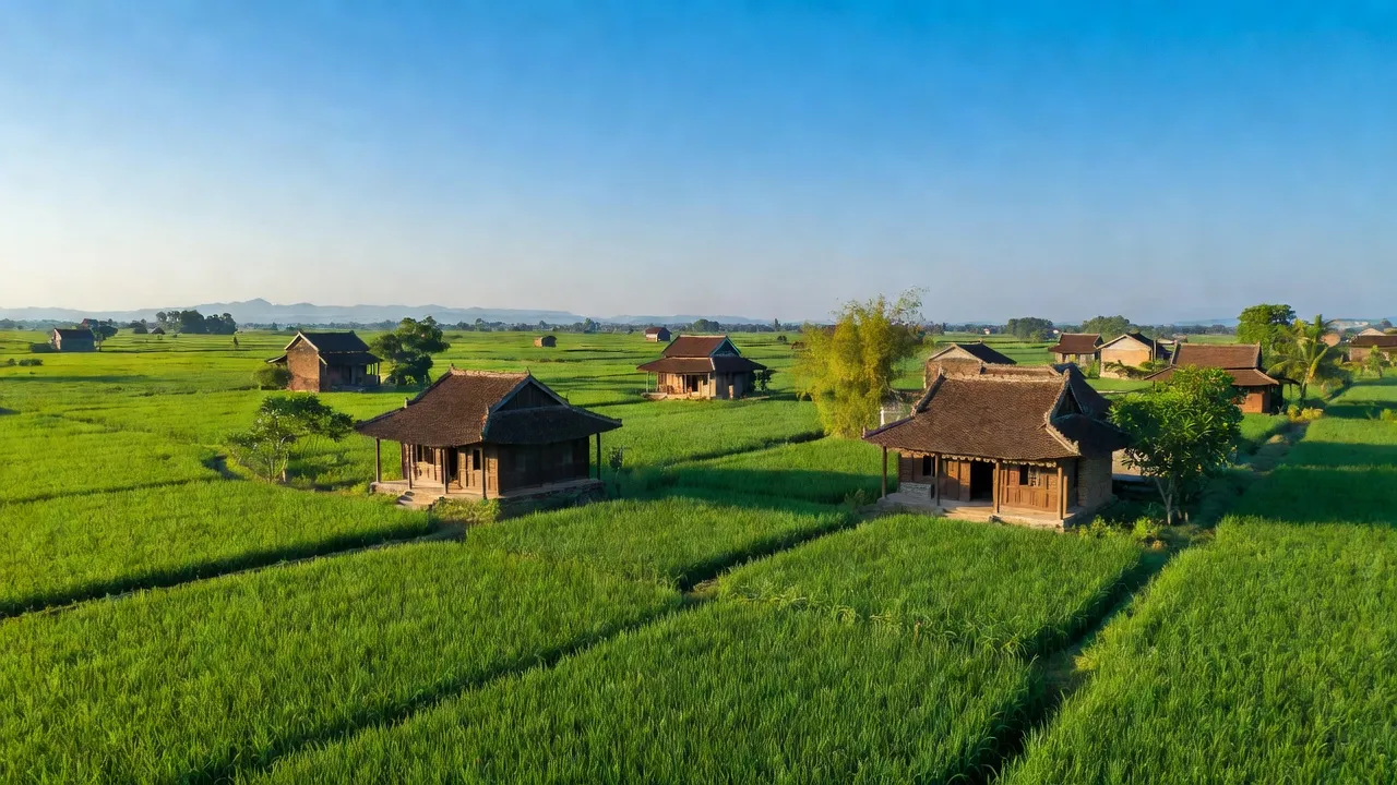 Khung cảnh Xã Hương Toàn, Hương Trà, Huế với cánh đồng xanh và nhà truyền thống.