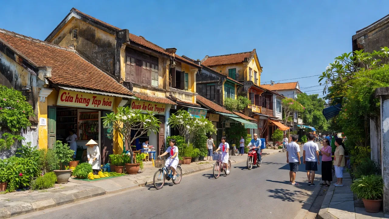 Cảnh phố phường Hương Vân, Thị xã Hương Trà, Thành phố Huế, với kiến trúc truyền thống và cây xanh.