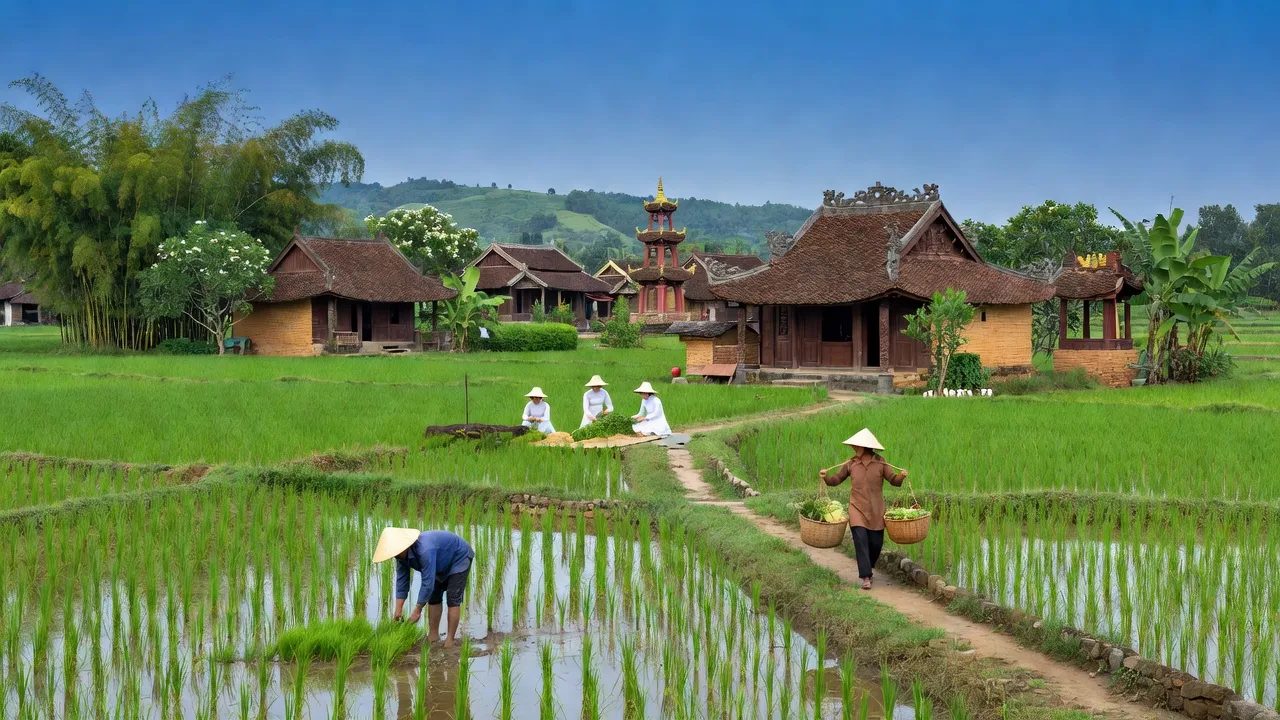 Phong cảnh Phường Hương Vân, Thị xã Hương Trà với nhà truyền thống và cánh đồng xanh tươi.