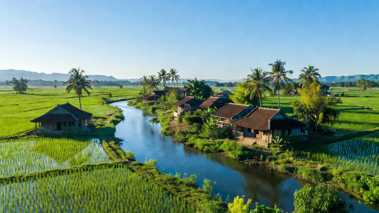 Phong Điền district in Hue, showcasing green landscapes, rice fields, and traditional Vietnamese houses under blue sky.