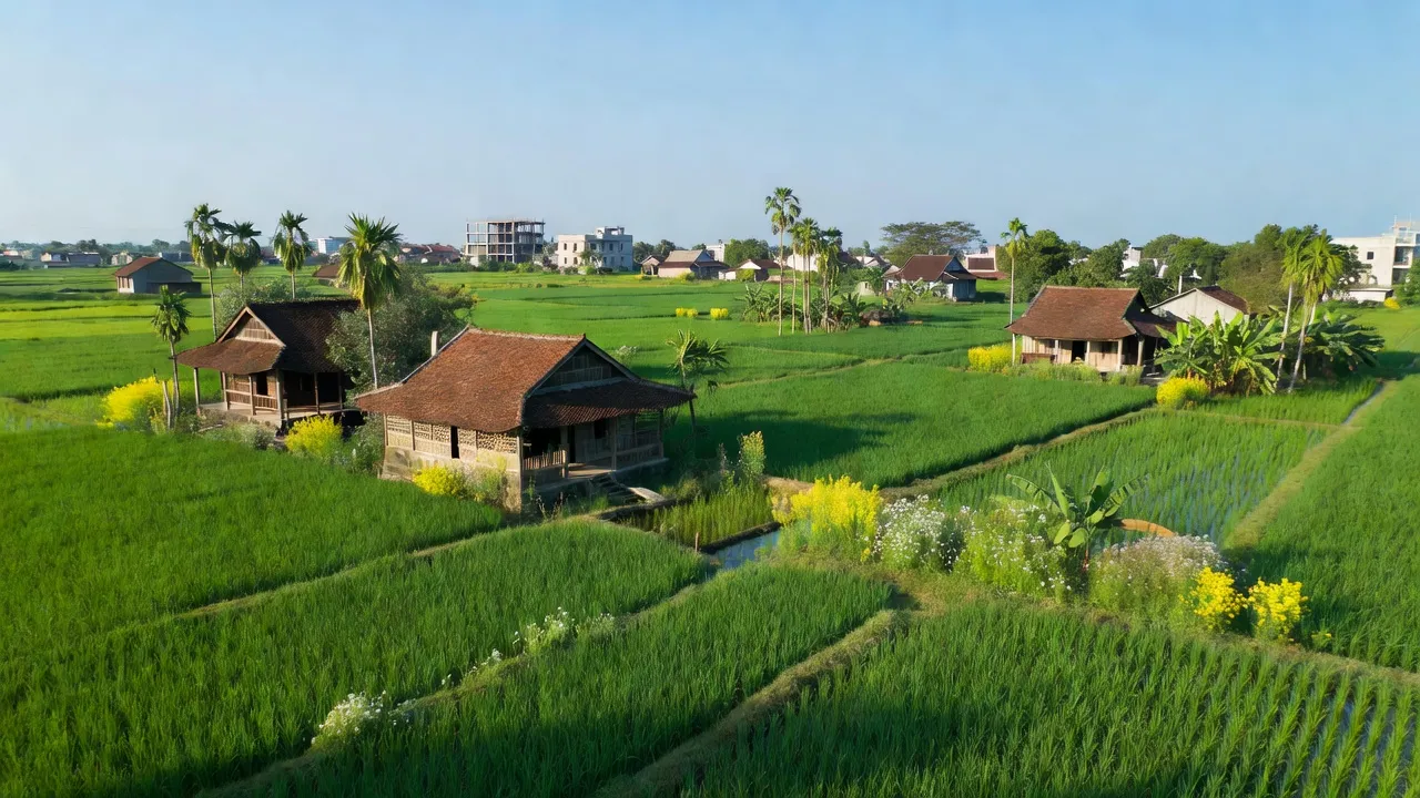 Khung cảnh yên bình ở Phường Phong An, Thị xã Phong Điền, với cánh đồng xanh tươi và nhà truyền thống.