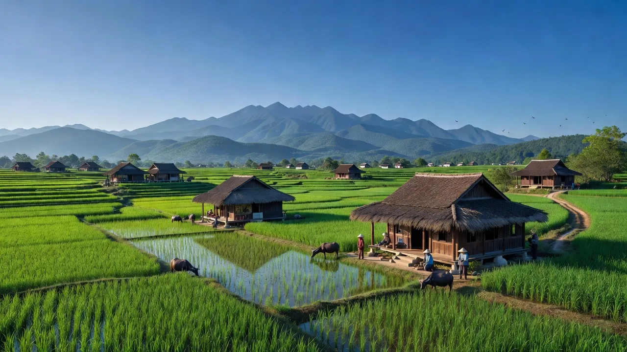 Phong Bình xã tại Thị xã Phong Điền, hiện lên với ruộng xanh và nhà truyền thống giữa thiên nhiên Việt Nam.