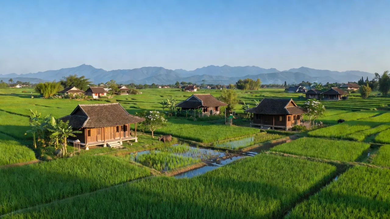 Khung cảnh Phường Phong Hiền, Thị xã Phong Điền, Thành phố Huế với ruộng xanh và nhà truyền thống.