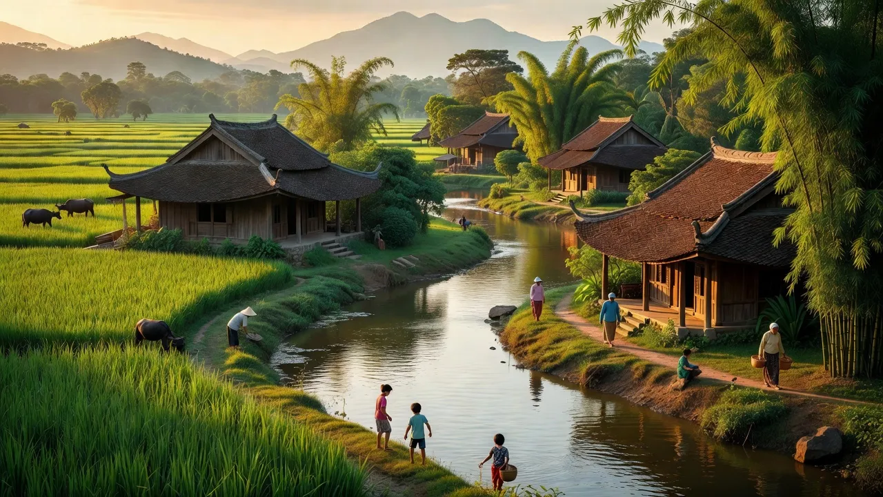 Phong Mỹ, Thị xã Phong Điền, với cảnh quan núi non và cuộc sống người dân, thiên nhiên yên bình.